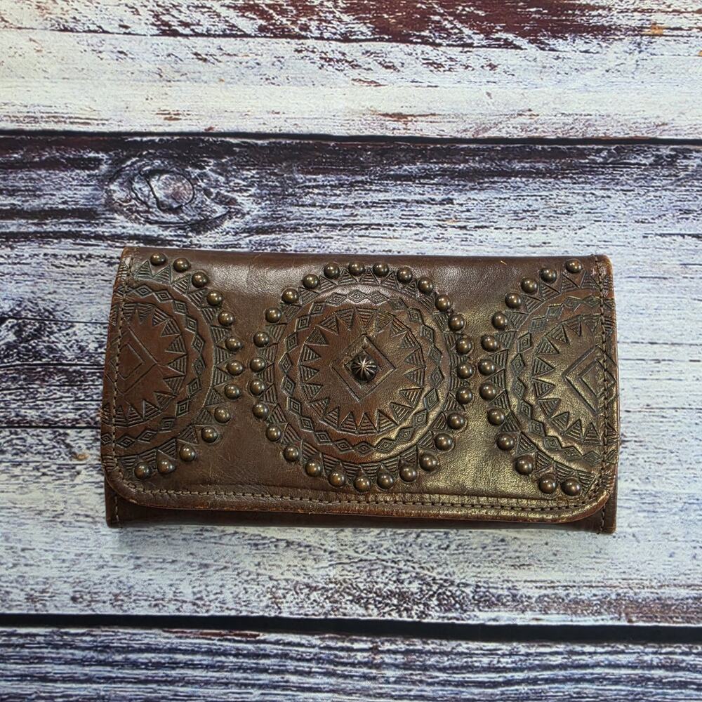 American West Genuine Studded Leather Trifold Wallet